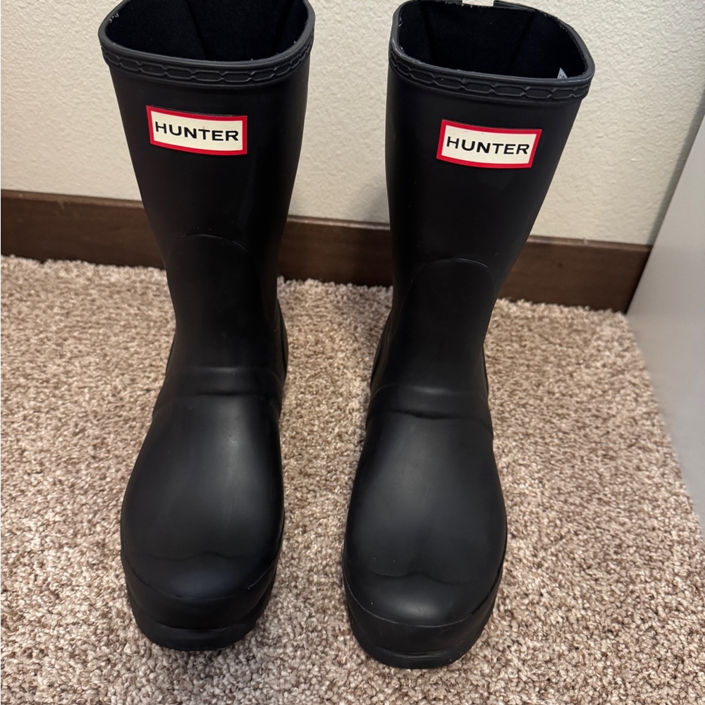 Hunter Black Mid-Calf Rubber Rain Boots with Red Logo